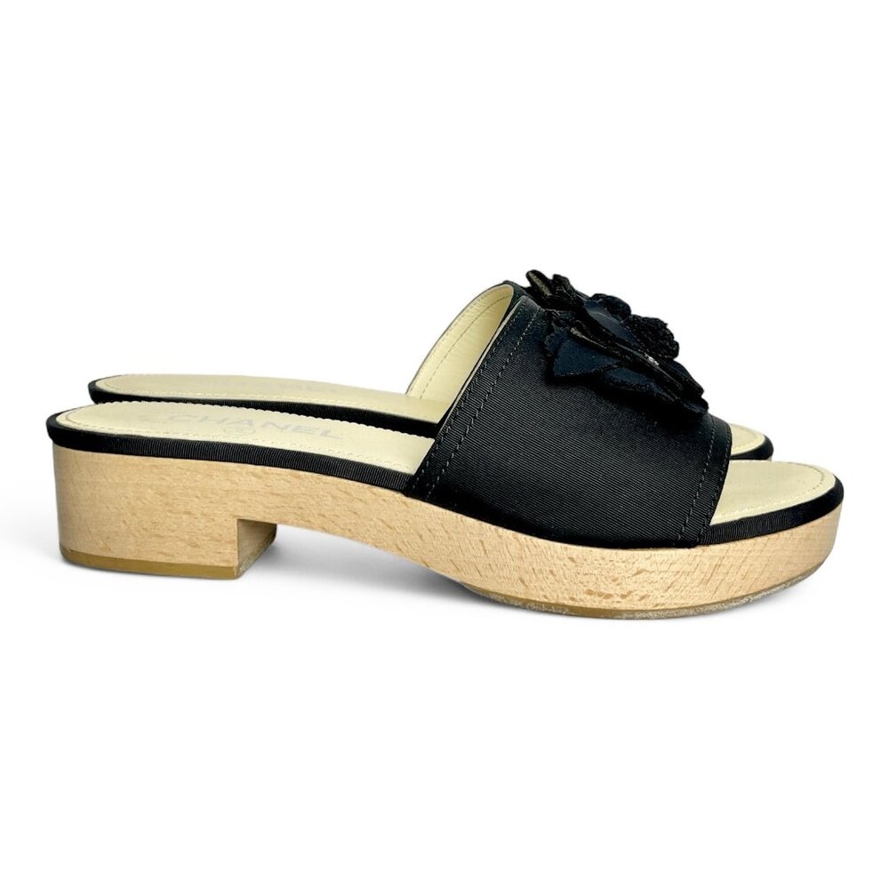 CHANEL CC 2015 Interlocking CC Logo Slides Shoes Sandals Wood +Box Sz 38 US 7.5 - Picture 2 of 16